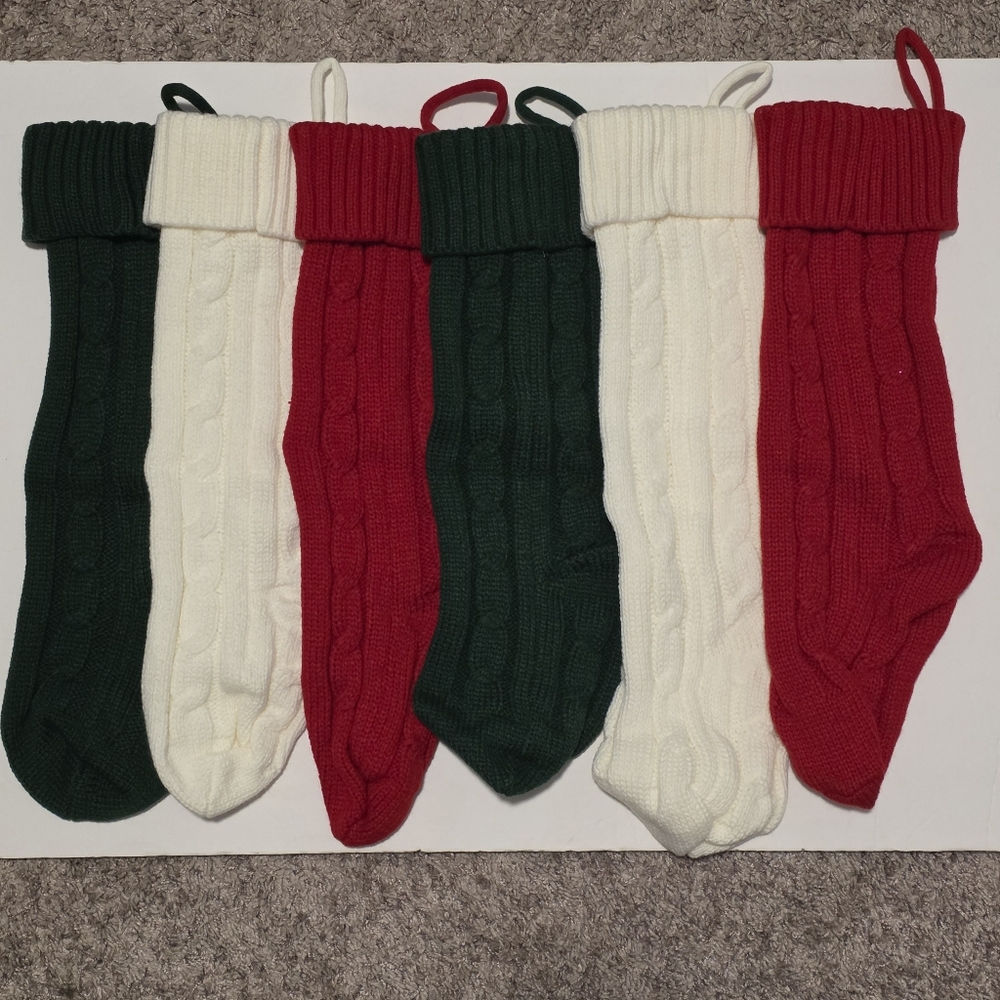 Set Of 6 Cable Knit Christmas Stockings Red Cream Green New